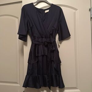 Navy Satin Dress with Ruffle Details